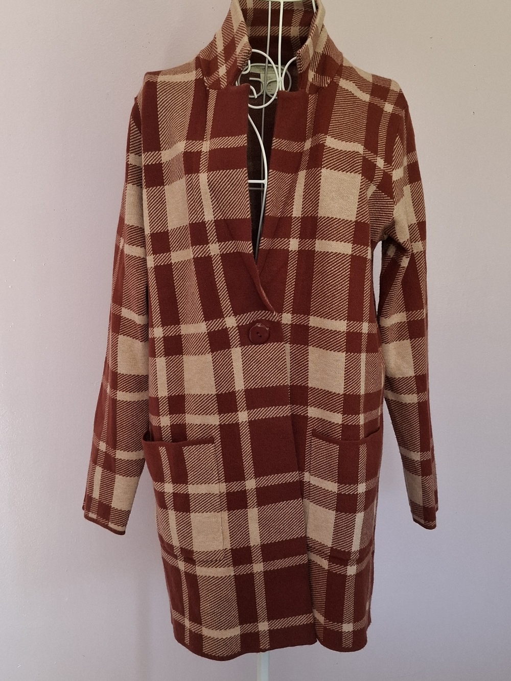 Christian Siriano Plaid Longline Coatigan in Rust and Cream